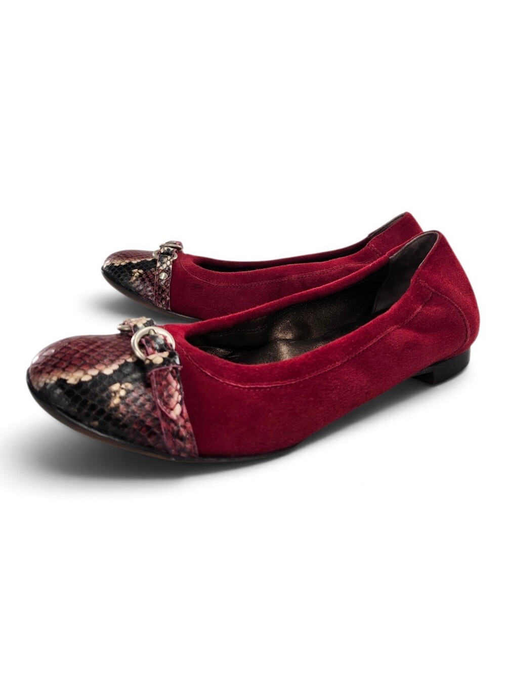 Attilio Giusti Leombruni Monika Dark Red Suede Snake Print Cap Toe Ballet Flats